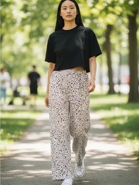 Wide Legged Black & Beige floral Pants